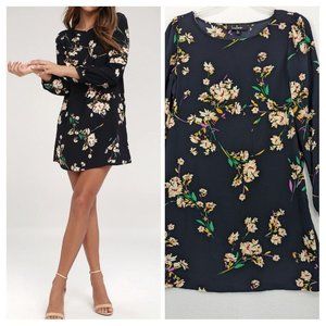 Lulus Herbaceous Babe Navy blue Floral Print Shift long sleeve mini dress sz S
